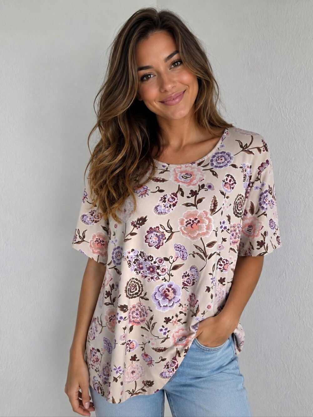 Apostrophe Cream Short Sleeve Top with Pink, Purple & Brown Flowers, Size 20-22W